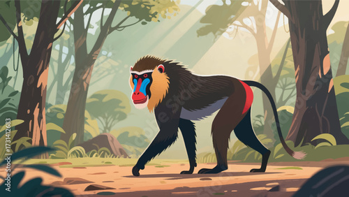 Illustration Of A Mandrill Monkey Walking On The Forest Floor With Sunlight Filtering Through The Trees Vector Design Template