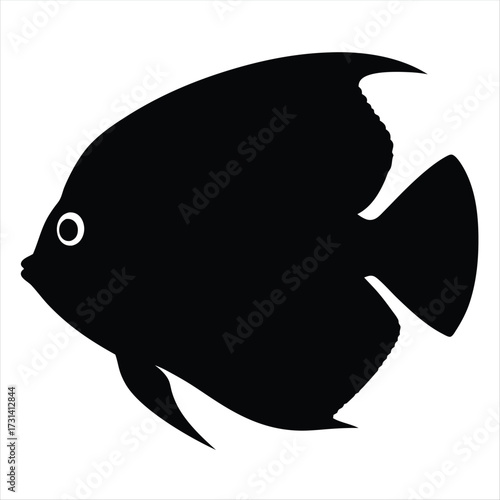 Silhouette image of a black angelfish swimming gracefully in the ocean