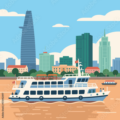 Cityscape Ferry Boat Ride Saigon River Cruise with Skyscrapers