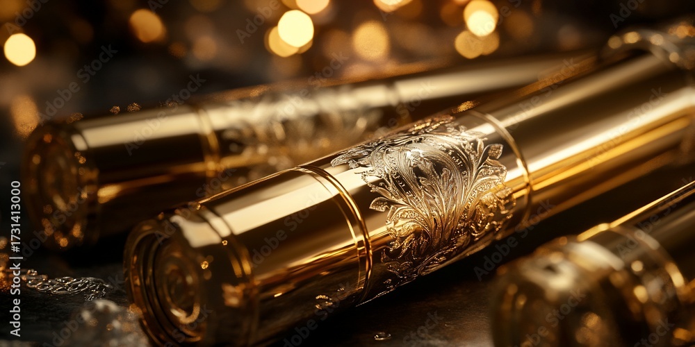 Naklejka premium Golden tubes, ornate design, dark background, luxury product