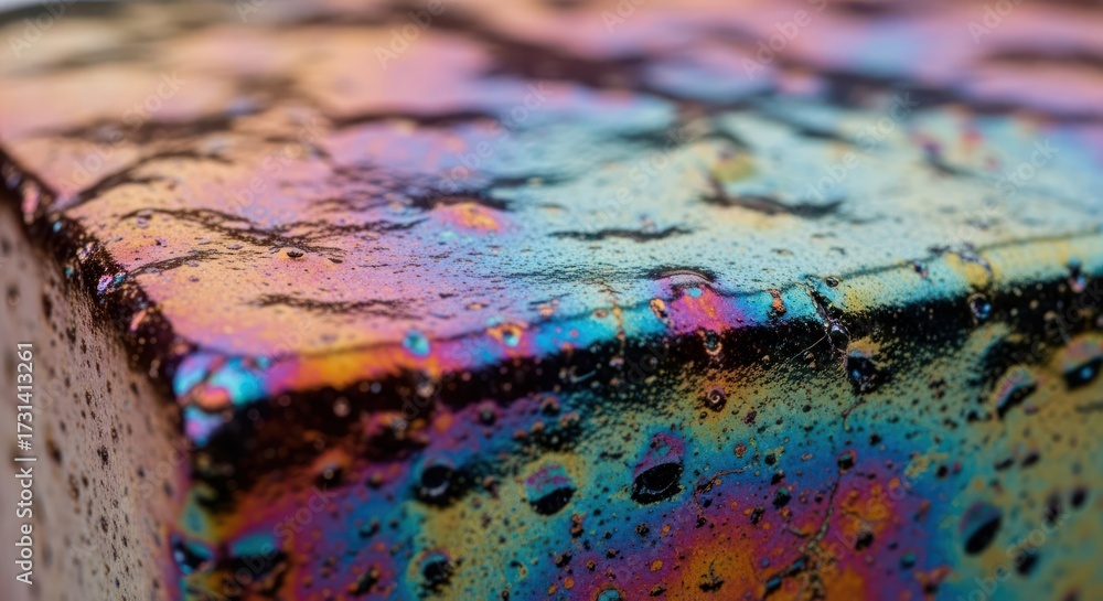 Naklejka premium Iridescent surface with colorful stains and drips macro closeup