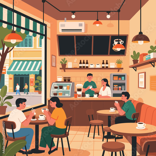 Cozy Coffee Shop Scene with Customers and Baristas