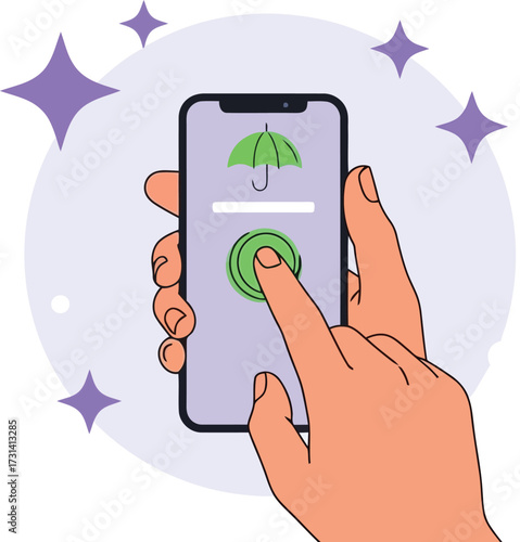 Finger touching button on smartphone for insurance, isolated on white background