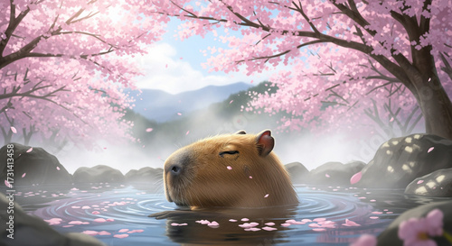 A peaceful capybara relaxing in a hot spring surrounded by cherry blossom trees, steam rising gently in the background