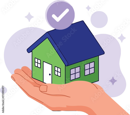 Hand holding a green house with a check mark isolated on white background