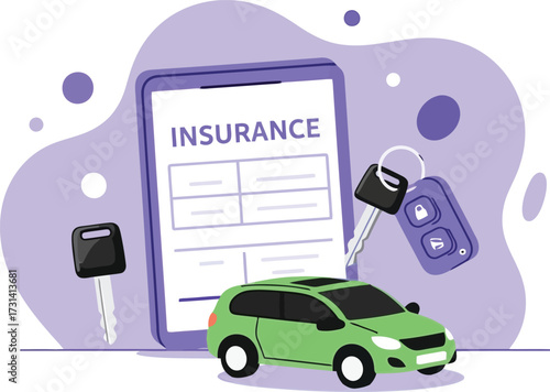Car insurance policy on a tablet with keys and a vehicle isolated on white background