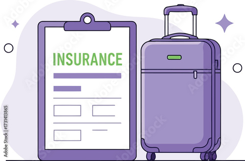 Travel insurance document and suitcase isolated on white background