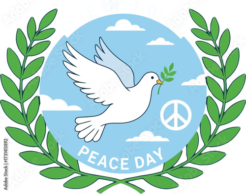Dove of peace with olive branch isolated on white background for peace day