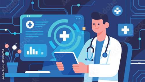 Doctor with Digital Tablet Examining Patient Data on a Monitor