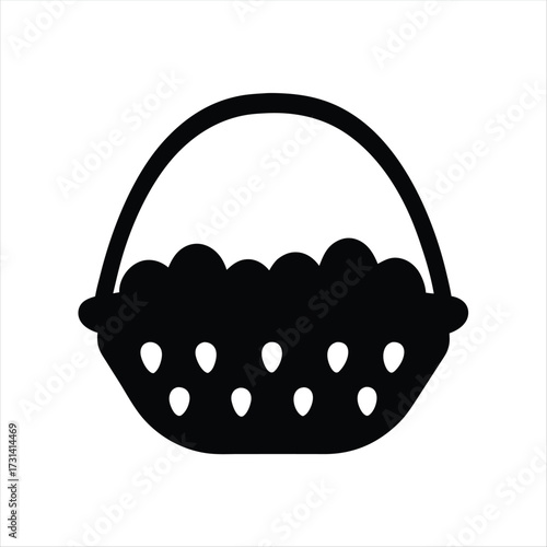 A simple, bold black and white silhouette of a filled basket image