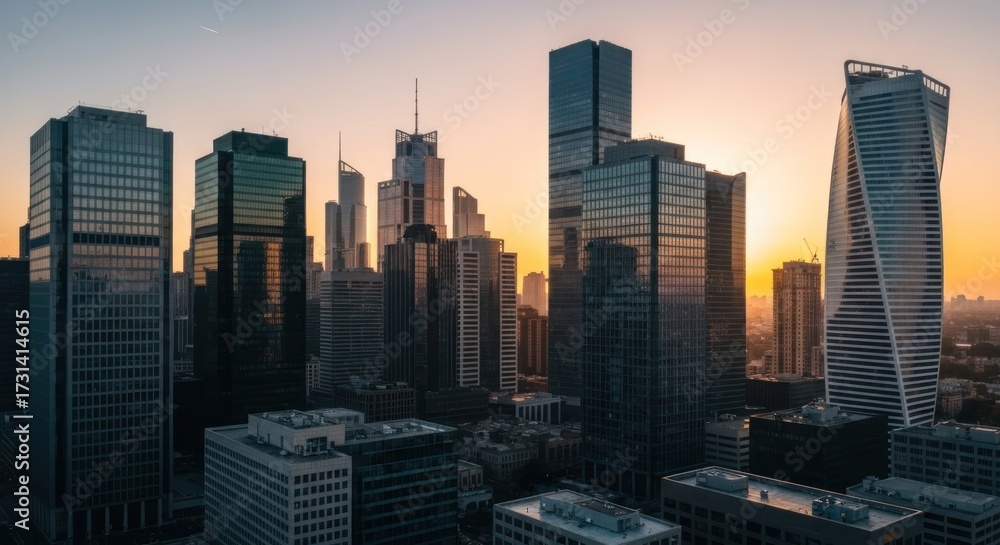 Obraz premium City skyline at golden hour. Modern skyscrapers reflect the setting sun