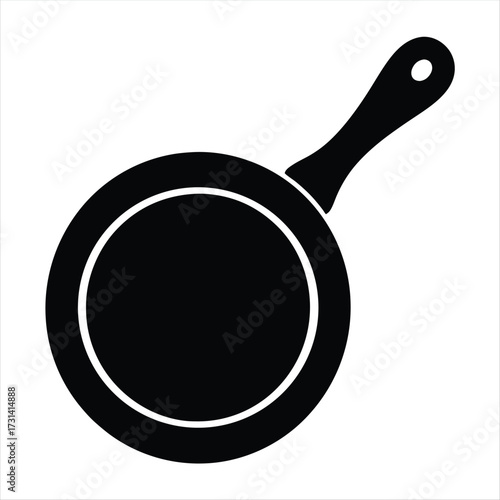 Simple black and white illustration of a frying pan with handle