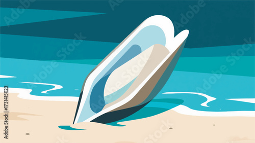 Illustration Of A Long Shell Stuck In The Sand Of A Beach With Clear Water Receding Vector Design Template