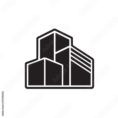 Black and white abstract geometric building icon with clean lines and sharp angles architecture symbol