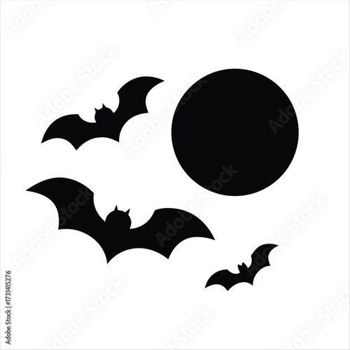 A simple black and white Halloween illustration of bats flying on white background