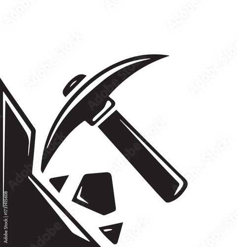 Black and white illustration of a pickaxe striking rocks on a white background mining tool
