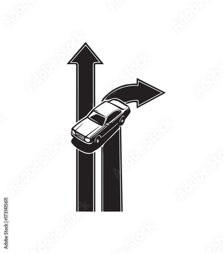 Black and white illustration of a sports car changing lanes with directional arrows automobile vehicle