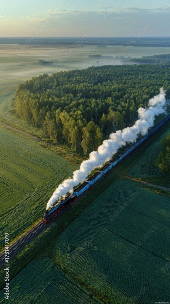 Fototapeta premium Aerial view of a steam train emitting smoke as it travels through green fields and forests at dawn