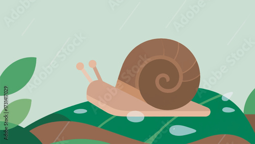 Illustration Of A Brown Snail With A Spiral Shell Walking On A Wet Green Leaf Vector Design Template