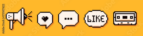 8 bit Y2K pixel podcast white elements. Megaphone, speech bubbles with a heart, like and audio cassette.