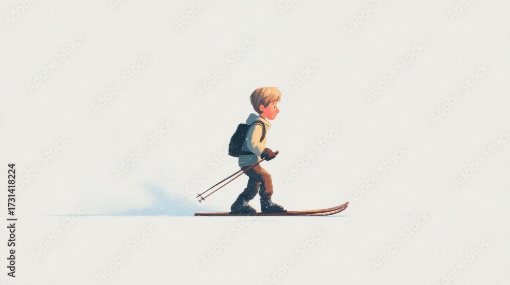 Obraz premium A young skier gliding across a snowy landscape with ski poles and backpack, depicted in a stylized illustration.