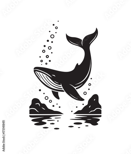 Black silhouette of a whale breaching from water with bubbles and stylized islands black and white ocean