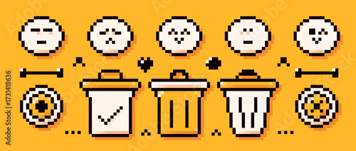 Pixel art icons on yellow background. Emojis with different emotions and three types of trash can icons drawn in simple Y2K bit style.