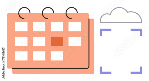 Calendar with marked date alongside a cloud icon, emphasizing digital scheduling and data storage. Ideal for planning, cloud technology, automation, time management, productivity, reminders, simple