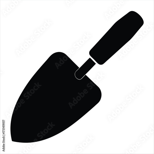 Black and white graphic illustration of a garden trowel tool silhouette