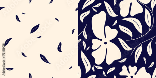 Groovy two tone seamless patterns with wavy 70s daisies and leaves.