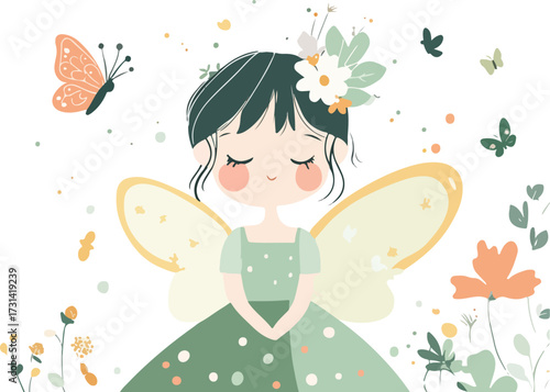 Whimsical watercolor fairies dancing among delicate flowers and butterflies in a dreamy garden