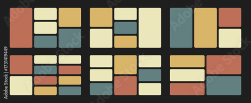 Colorful grid bento layout background. Mixed rectangular frames, blocks, containers in earthy template tones. Vector geometric photo design. Gallery structure for digital presentations.