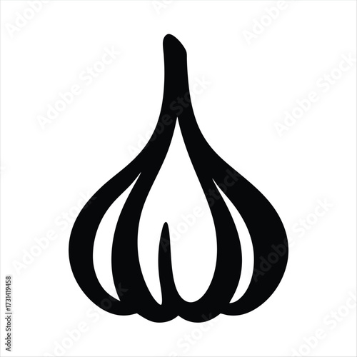 Black and white illustration of a single bulb of garlic isolated