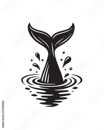 Black whale tail emerging from water with splashes and ripples in a stylized graphic illustration black and white