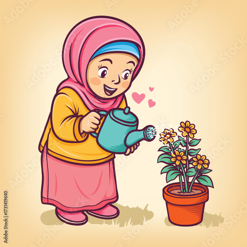 Happy Little Girl in a Headscarf Taking Care of Potted Flowers and Enjoying Gardening