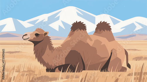 Illustration Of A Bactrian Camel In The Dry Grasslands Of Central Asia With Snow Capped Mountains Vector Design Template