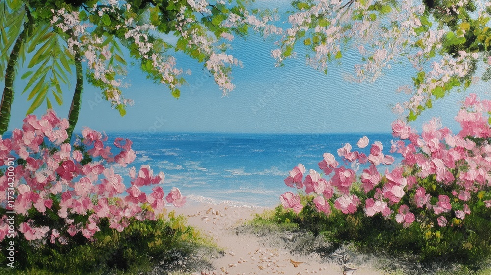 Obraz premium A scenic beach view framed by blooming pink flowers and green foliage under a clear blue sky