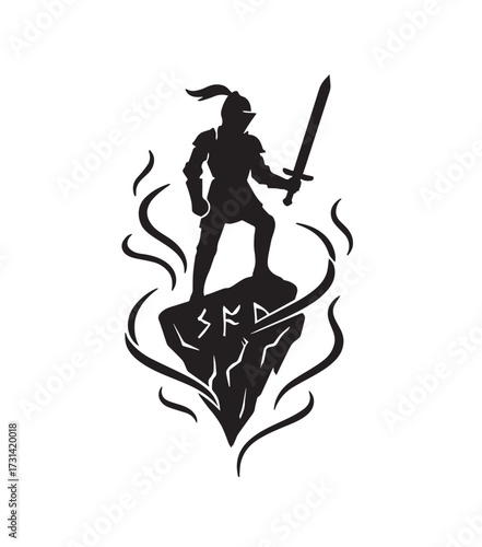 Silhouette of a medieval knight holding a sword standing on a rock with runes and swirling lines warrior
