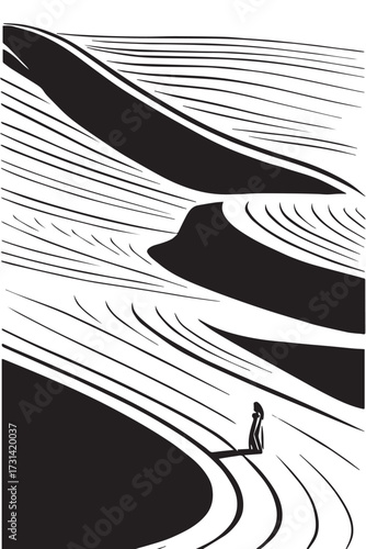 Lone figure silhouetted against abstract black and white swirling lines and shapes person
