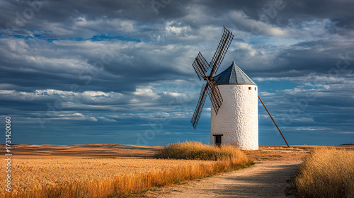 A traditional white windmill stands on a golden hill against a dramatic cloudy blue sky in the Spanish countryside