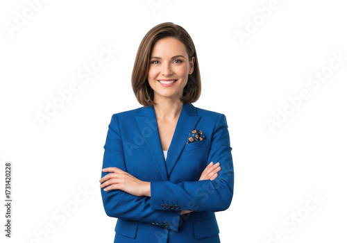 Professional businesswoman smiling portrait in blue suit with arms crossed png image for presentations and designs, isolated on transparent background
