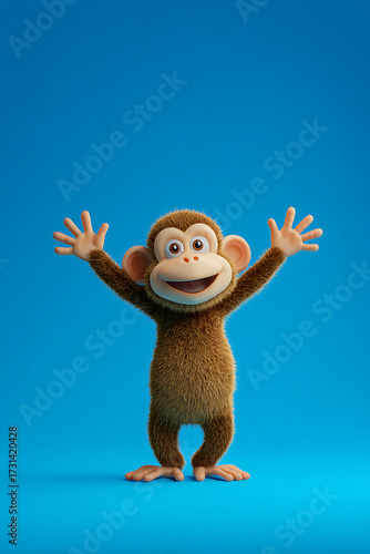 Cheerful cartoon monkey character with raised arms against a bright blue background, joyful expression