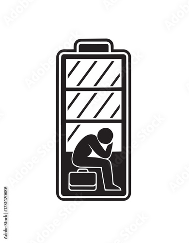 Silhouette of a person sitting with head in hands inside a low battery icon with a briefcase energy