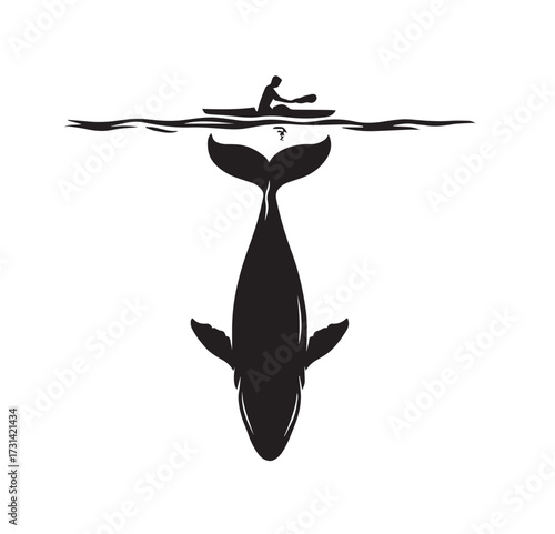 Silhouette of kayaker paddling above a large whale swimming underwater ocean