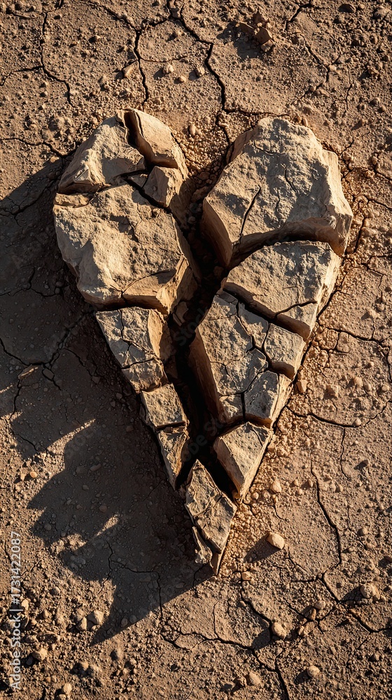 Fototapeta premium A cracked rock shaped like a heart, resting on dry, cracked earth, symbolizing heartbreak or environmental distress.