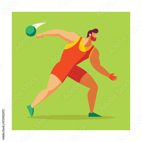 Bearded Athlete in Red Uniform Throwing Shot Put Keywords: man, athlete, sports, action