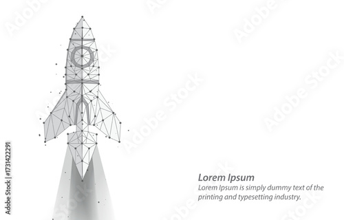 Low-poly digital artwork of a rocket ship taking off, isolated on a white background, with a geometric design.  low-poly rocket launching into a starry sky, wireframe style. technology, startups, 