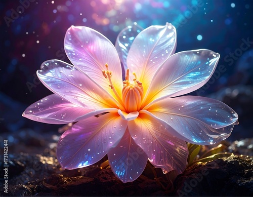 Luminescent flower with iridescent petals, dew drops, and dark background