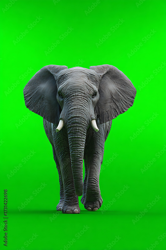 Obraz premium Majestic elephant walking towards the viewer against a vibrant green background, symbolizing nature