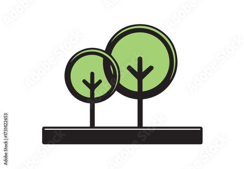 Two stylized green trees with black outlines and branches on a black rectangular base against a white background